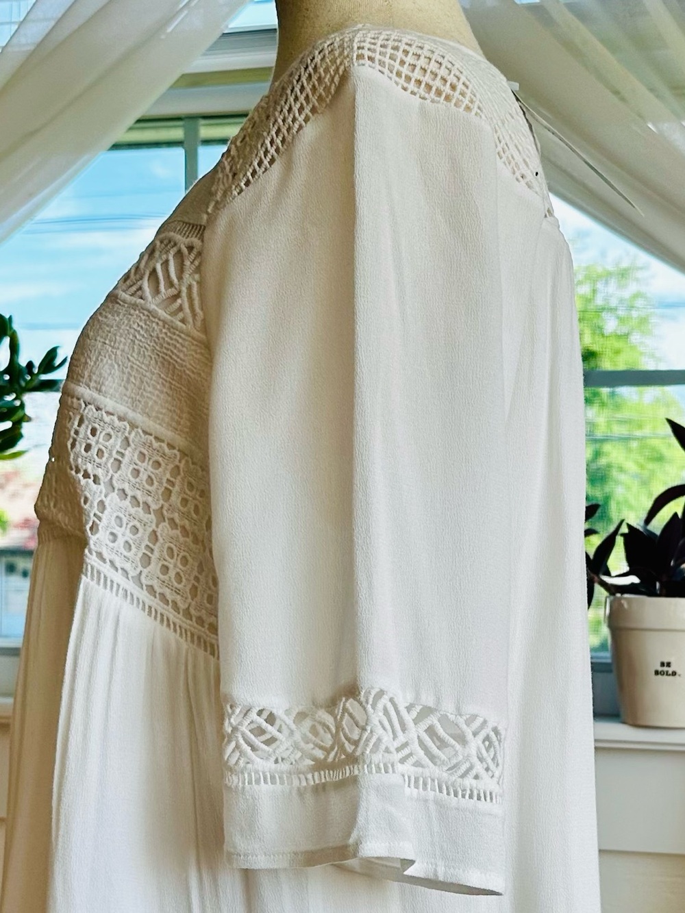 Pale Sky White “Levana" Crochet lightweight, bohemian-style peasant blouse. - Picture 3 of 9